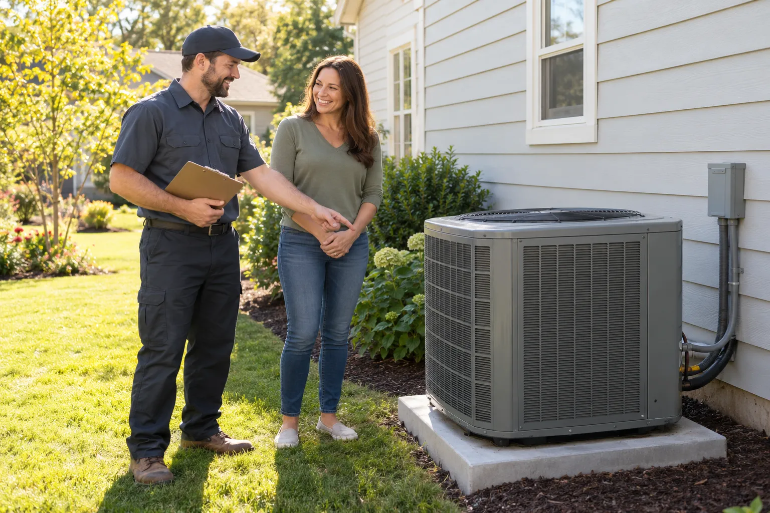 Friendly HVAC provider and homeowner reviewing a new outdoor AC unit beside a home in Romeo